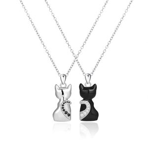 Geometry Zircon Black White Contrast Cat Pendant <b>Couple</b> <b>Necklace</b> Trendy Good Friends <b>Couple</b> Jewelry Matched Cat Charm <b>Necklace</b> - Product Image 4