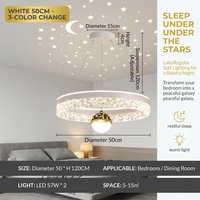 Lustre LED moderne doré, design ciel étoilé lune et étoiles, suspension réglable en hauteur, 75W, 50cm, 3 couleurs changeables pour chambre à coucher