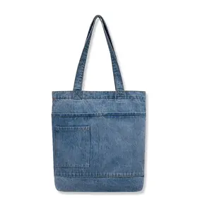 Wholesale Customize Denim Fabric Fashion Women'S Customized Luxury Logo Printed Logo Denim Shoulder Tote Bag OEM ODM