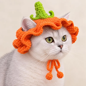 Gorro de Calabaza Tejido a Mano para Mascotas, Gorro de Ganchillo para Gatos y Perros con Borde de Volantes y Borla en el Cuello, Accesorio de Disfraz para Halloween - Product Image 1