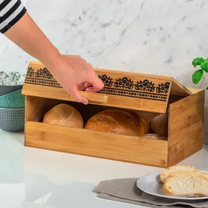 กล่องเก็บขนมปัง,ถังขนมปังไม้ไผ่เคาน์เตอร์ครัวสไตล์วินเทจขนาดใหญ่สำหรับใช้ในบ้าน