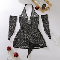 Nouvelle Robe de Nuit Mini Babydoll Moulante Noire en Maille Évidée INS, Lingerie Sexy Transparente Halter en Résille pour le Nuit