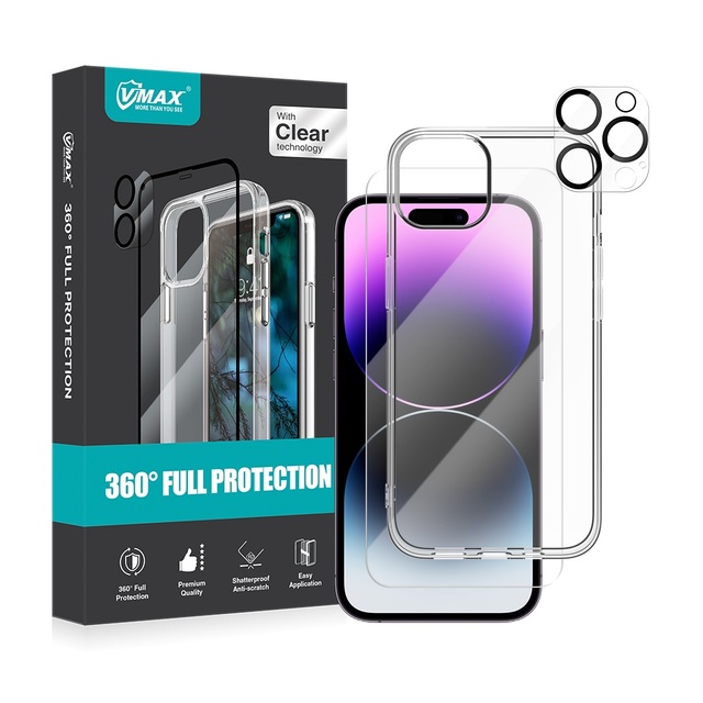 9 in 1 Bundle Set for iPhone 15 14 13 12 11 Pro Max Front Back Screen Protector & Camera Lens Protector with TPU Phone Case
