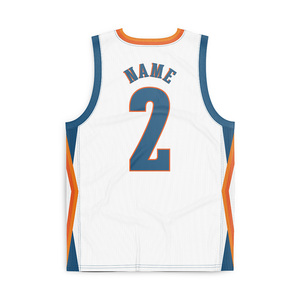 Ensemble d'uniformes de basketball HEALY Classic Color Block, base blanche, bordure bleue et orange, maille respirante, séchage rapide, maillot personnalisé avec numéro. - Product Image 2