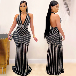 BH314 Mujeres Lentejuelas Sexy Backless Deep V Even Party Vestido de noche largo - Product Image 1