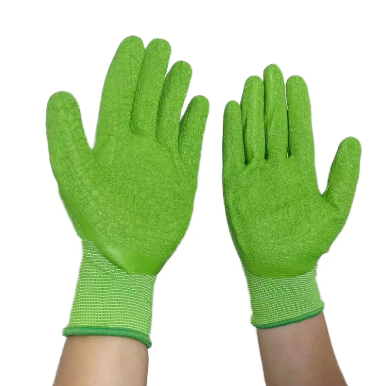 Benutzer definierte Logo Garten handschuhe Graues Garn Blau Crinkle Anti Slip Wear Resistant Handschuhe Latex Crinkle Coating Handschuhe