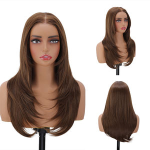 Perruque Lace Front Transparente 13x3 de 22 Pouces, Cheveux Synthétiques Raides Superposés, <span class=keywords><strong>Blond</strong></span> Brun, avec Frange, Pré-Pluckée, pour Usage Quotidien - Product Image 1