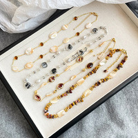Kalung Batu Alam Halus Gaya Boho, Batu Kerikil, Buatan Tangan, Rantai Berlapis Emas dengan Manik-manik Kuningan, Aksesoris Perhiasan