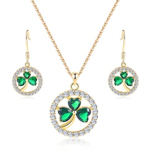 S420 الكلاسيكية المرأة الخضراء يترك البرسيم شكل AAA + مكعب زركونيا 2 الألوان أقراط وقلادة طقم مجوهرات - Product Image 1