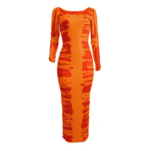 Nuevo Vestido Midi Casual Elegante Estampado Elástico Bodycon de Manga Larga para Mujer, Colección Primavera 2026, Color Naranja Quemado - Product Image 4