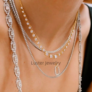 Lustre Jewelry Full Stones Chain Link 10 14K Moissanite Diamond 18 K Gold <span class=keywords><strong>Fancy</strong></span> Collar para mujer - Product Image 5