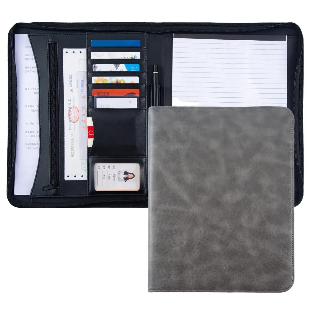 تصميم جديد النعامة الحبوب A4 البريدي حافظة مستندات اجتماع مؤتمر محفظة حقيبة مع Grey الجلود