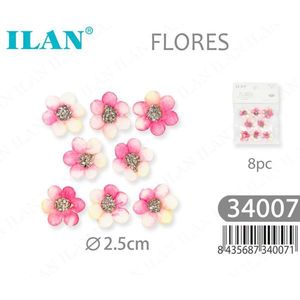 Orecchini a Perno con Fiori Ilan, 2,5 cm, Centro in Strass, Confezione da 8 Pezzi - Product Image 1