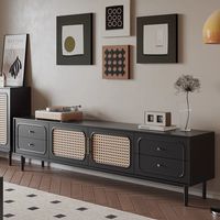 Meuble TV et Table Basse en Rotin Style Rétro Français, Combinaison sur Pied pour Salon, Nouveau Style Soyeux Noir