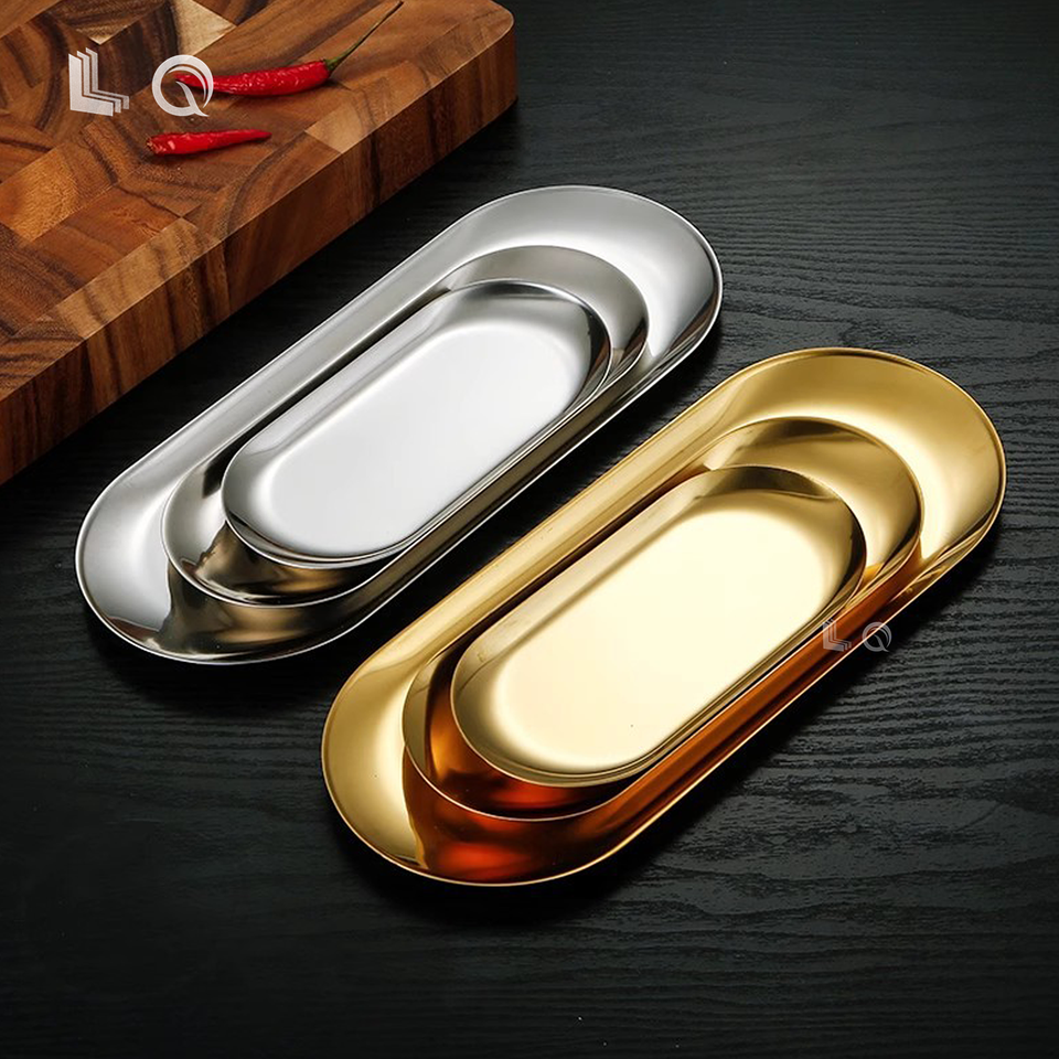 Hotel Gold Oval Towel Storage Fruit Cosmetics Jewelry Trays Metal Serving Cookie Rolling Stainless Steel Decorative Tray