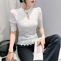 Nouvelle Collection Été – Top Élégant Amincissant en Dentelle à Col Montant et Manches Courtes Style National pour Femme
