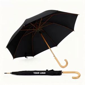 Parapluie de voyage pour adulte avec logo, 8 baleines, manche en bois, design classique, semi-automatique, style droit, en tissu pongé - Product Image 1