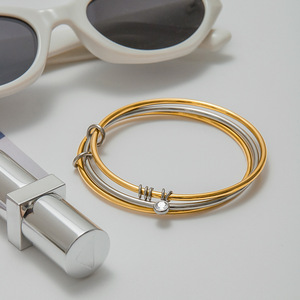 Two Tone Gold <b>Silver</b> Bangle With Zircon <b>Charm</b> Size 60 Unisex Jewelry Gift <b>Bracelet</b> - Product Image 2