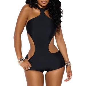 Mono de fiesta sin costuras con cintura alta y espalda descubierta para mujer, de encaje lujoso, con cuello halter y diseño hueco, de punto de elastano y poliéster - Product Image 4