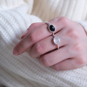 S925 Pure Silver Ellipse Black Agate White Chalcedony <b>Ring</b> Women Geometric Bezel Setting Everyday Wear <b>Opening</b> Design - Product Image 1