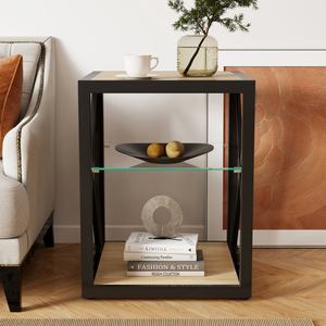 Modern End <b>Table</b> Nightstand Tempered Glass Wood Top <b>Industrial</b> Style <b>Side</b> <b>Table</b> for Bedroom Living Room - Product Image 3