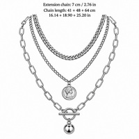 Collier pendentif triple couche couleur argent avec chaînes maille trombone et fermoir toggle, bijoux de mode pour femme, cadeau de fête