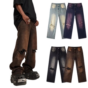 Jeans Baggy de Mezclilla Desgastada de Alta Calidad 2026 Sun Fade TKAN118D para Hombre, Vintage, Color Caqui, 100% Algodón, con Rodillas Desgarradas - Product Image 1