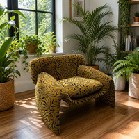 Fauteuil d'appoint ergonomique moderne en bois et tissu, avec dossier sculpté biomorphe et revêtement incurvé, pour salle à manger, bureau à domicile et salon