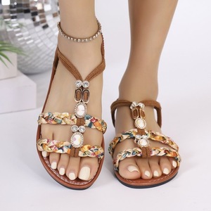 Women Bohemian Flat <b>Sandals</b> Braided Fabric Strap Rhinestone Decor <b>Elastic</b> Ankle Strap Summer Beach Ladies <b>Sandals</b> Wholesale - Product Image 1