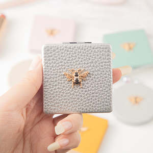 Bee Embellished Metal Silver Finish <b>Compact</b> <b>Mirror</b> Square Folding Double Sided Makeup Portable Pocket High Reflectivity - Product Image 1