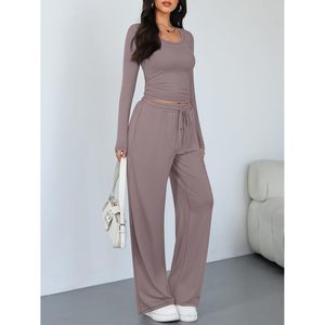 Women 2 Piece Matching Lounge Set Wide Leg Pants Full Sleeve Crop <b>Top</b> Breathable Knitted Cotton Spandex Daily Wear Outfit - Product Image 3