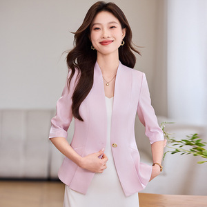 Women's Blazer Champagne-colored Solid Color Cotton No-wrinkle Treatment Spring Summer Casual Style Short Sleeve - Product Image 2