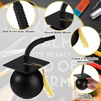 Gobelet en plastique noir en forme de toque de graduation avec paille, décoration de fête, pompon doré, vente en gros