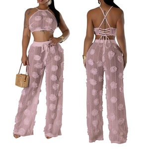 Ensemble 2 pièces tendance pour femme : haut court à lacets et pantalon ample en maille transparente de couleur unie - Product Image 5