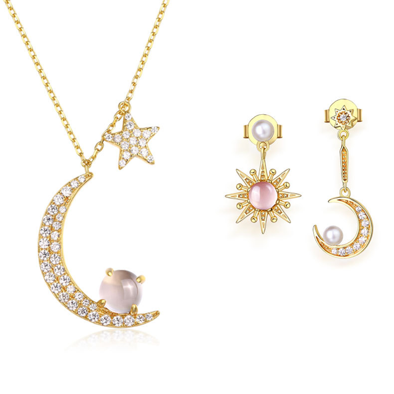 Joyería de moda para las niñas, pendientes de cuarzo rosa collar Luna y estrellas de lujo luz perla conjunto