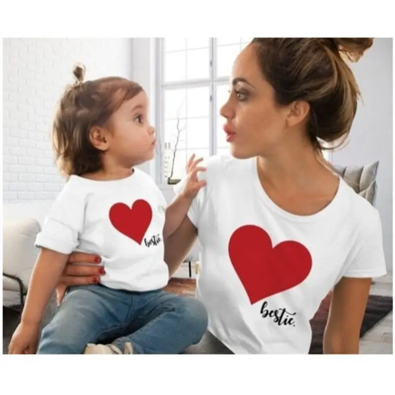 Family Matching Clothing Mommy And Me Outfits Heart-shaped Short Sleeve T-shirt Mother And Daughter Clothes