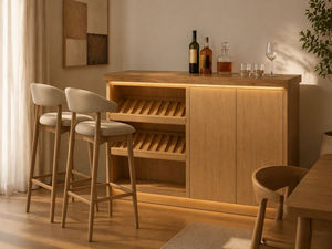 Meuble bar en bois finition chêne moderne avec portes coulissantes et casier à vin intégré pour salon ou bar à domicile - Product Image 6