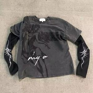 T-shirt pour homme à manches longues, double couche, effet délavé vintage, avec logo graphique imprimé numériquement sur mesure - Product Image 2