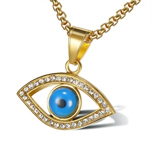 Hip Hop Eye Pendant <b>Necklace</b> Stainless Steel Gold Plated Blue Evil Eye Pave Setting Unisex Jewelry Gift - Product Image 5