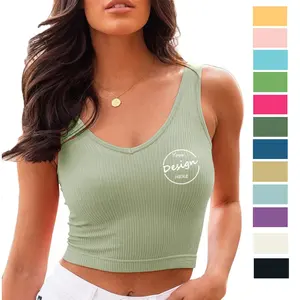 2019 Custom Cotton Tight Fitted Rib Tank Tops Screen Print Solid Sexy Women's Crop Tank Tops V Neck With Private Label