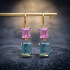 Boucles d'oreilles pendantes en argent sterling avec quartz rose et bleu de forme carrée, bijoux faits à la main, tendance, pour mariage et fête, CASA DE PLATA - Product Image 3