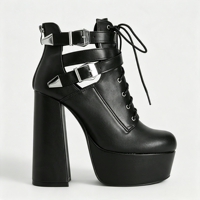 Bottines à plateforme noires pour femmes, personnalisables, à lacets, style Goth Punk, à talons épais, avec boucles, chaussures Y2K