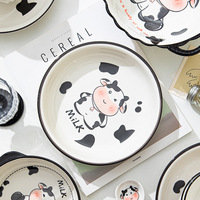 Ensemble de bols et assiettes en céramique pour enfants, style Instagram mignon, série Dudu Cow, compatible micro-ondes, vaisselle de table pour la maison
