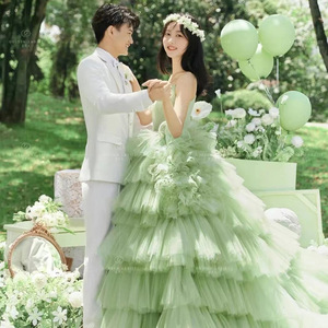 Ethereal Green Tulle Ball Gown Strapless Empire Waist Wedding Dress For Photography Portrait Sessions - Product Image 2