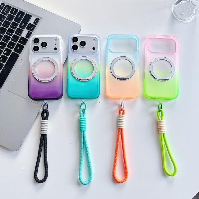 Gradient Matte Phone Case Metal Ring Kickstand Hand Strap Anti-fall Cover Bulk Wholesale Supply for iPhone 17 16 15 Pro Max