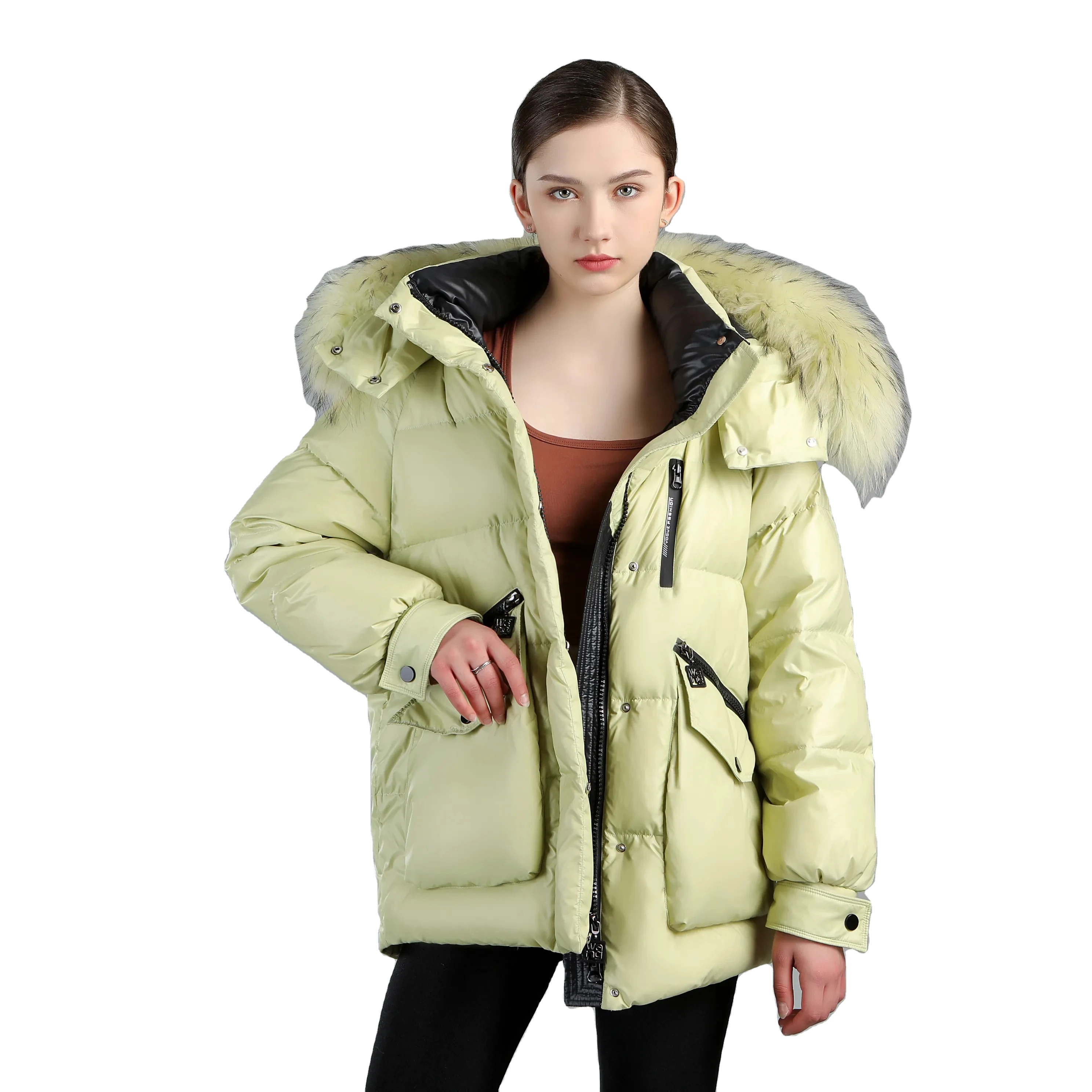 Benutzer definierte Kleidung Hersteller Frauen Puffer Mäntel Wolf Pelz Rüschen Original wind dichte Daunen jacken Damen Winter Warm Hooded Parkas