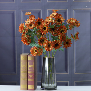 LO-1200 Ramo de 11 girasoles artificiales de estilo vintage con efecto pintura al óleo, en tonos otoñales suaves, para jarrón de habitación de huéspedes de casa de campo francesa - Product Image 2