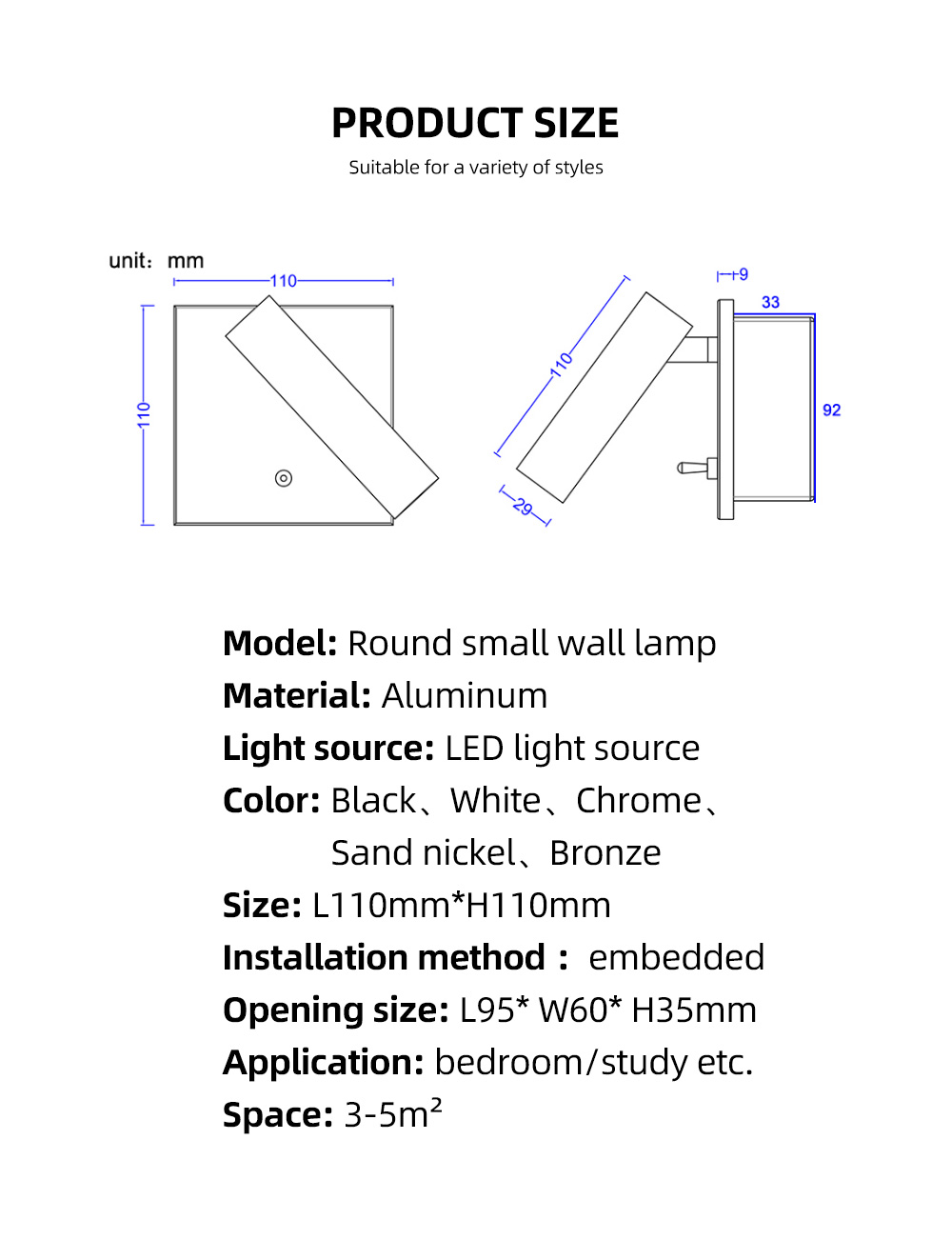 Adjustable Modern Led Light Led Reading Bed Headboard Wall Lamp With Rocker Separate Switch For Hotel