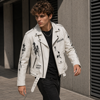 Veste de motard pour homme ODM en cuir PU, fermeture éclair asymétrique, revers cranté, imprimé abstrait, épaulettes, poches zippées, veste streetwear