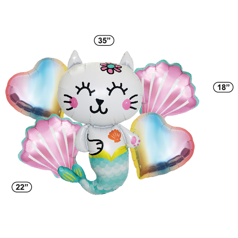 Оптовая продажа, набор воздушных шаров Mylar с изображением кота и русалки, набор из 5 шаров из фольги для надувания гелием, головы морских животных, детские игрушки, набор воздушных шаров